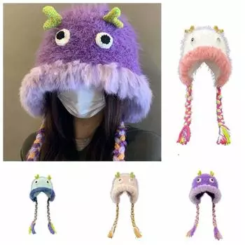 Утолщенная мультяшная плюшевая шапка, тканевые аксессуары, защитная шапка для ушей, кавайная забавная шапка для девочек белый