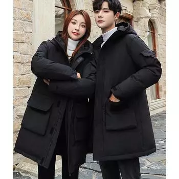 Утолщенная мужская куртка-пуховик для осени и зимы, средней и длинной длины, облегающая повседневная рабочая одежда, хлопковая куртка для пар M чёрный