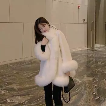 Утолщенная накидка, женская длинная шерстяная куртка, зимнее пальто в стиле пэчворк S белый