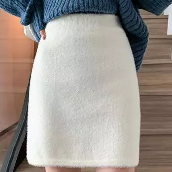 Утолщенная осенне-зимняя трикотажная юбка из меха норки с высокой талией для женщин, короткая юбка А-силуэта, облегающая бедра S белый