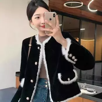 Утолщенная овечья шерсть маленькое ароматное пальто светская львица осень и зима новый маленький короткий меховой топ M чёрный