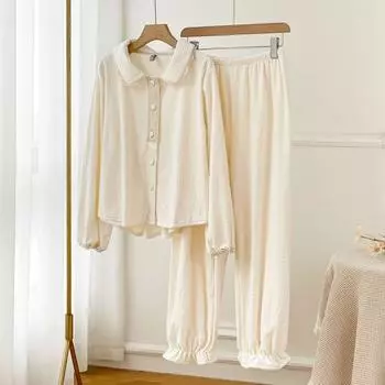 Утолщенная пижама с длинными рукавами, женская осенне-зимняя сексуальная милая пижама из 2 предметов, ретро-милая свободная повседневная домашняя одежда, ночная рубашка M