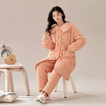 Утолщенная пижама, зимняя новая коралловая флисовая пижама из 2 предметов, комплект с оборками, ночная рубашка, брюки, свободный повседневный фланелевый домашний костюм M розовый