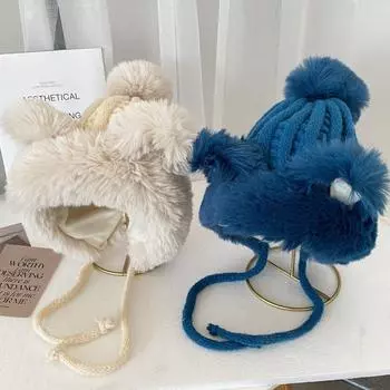Утолщенная плюшевая шапка с имитацией меха кролика вязаная шапка новая теплая шапка для девочек чёрный