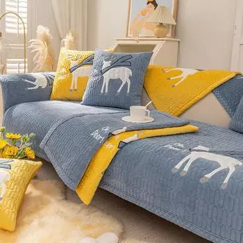 Утолщенная подушка для дивана из кораллового флиса, зимняя элитная подушка для гостиной с мультяшным рисунком, чехол для дивана, сплошной цвет, защитная мебель для мебели 45x45 Pillowcase1 синий