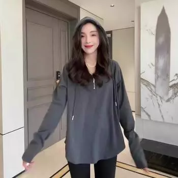 Утолщенная полумолния с капюшоном для женщин осень-зима новый нишевый дизайн Sense средний и длинный свободный и универсальный женский топ S серый