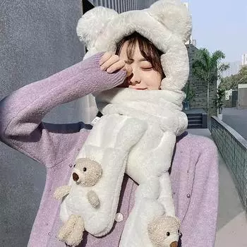 Утолщенная шапка, детский зимний шарф, три предмета, плюшевые перчатки с капюшоном, милые и теплые One Size бежевый