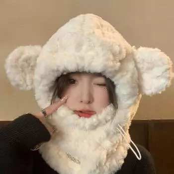 Утолщенная шапка-медведь, шарф, маска, интегрированная плюшевая шапка, женская осенне-зимняя теплая шапка для защиты ушей, защита от холода и езды на велосипеде бежевый