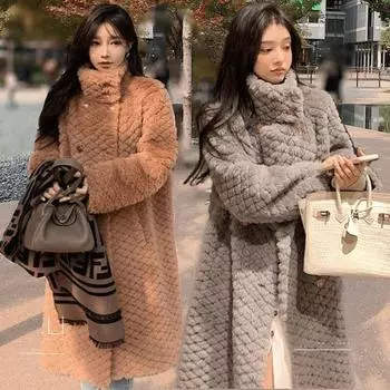 Утолщенная шуба из искусственного меха ягненка, женское пальто, верхняя часть, утолщенная, зимний стиль, средняя и длинная, с высоким воротом, молодая Within S 90-52.5 kg светло-коричневого