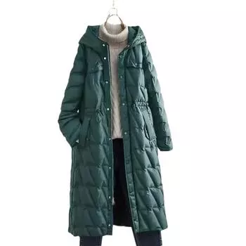 Утолщенная средняя и длинная пуховая куртка женская с капюшоном на талии из белого утиного пуха 2024 года, новая модная универсальная теплая куртка S темно-зеленого
