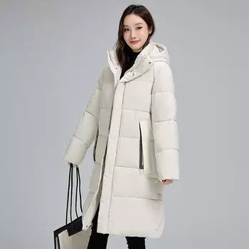 Утолщенная теплая длинная пуховая куртка из хлопка, женская зимняя корейская версия с капюшоном, свободное пальто M чёрный