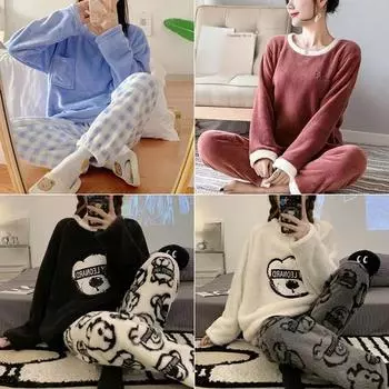 Утолщенная теплая фланелевая пижама большого размера для женщин с длинными рукавами, осенне-зимняя теплая пижама из мультяшного медведя из кораллового бархата M