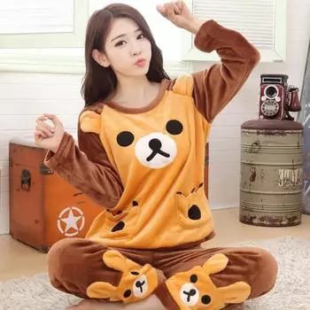 Утолщенная теплая фланелевая пижама осень-зима плюс размер пижамный комплект с длинными рукавами милый мультяшный медведь домашняя одежда школьная одежда для отдыха M