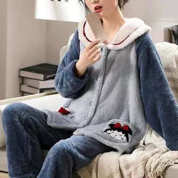 Утолщенная теплая фланелевая пижама женская зимняя студенческая ночная рубашка с рисунком с длинным рукавом длинные брюки женская пижама 2 шт. M синий