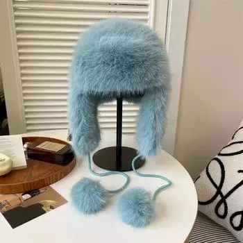 Утолщенная теплая зимняя шапка из искусственного лисьего меха Lei Feng, северо-восточная теплая уличная защитная шапка для ушей и шеи, универсальная меховая шапка в иностранном стиле M56-58cm чёрный