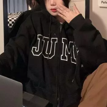 Утолщенная толстовка с капюшоном из бархата с вышитыми надписями, кардиган с капюшоном на молнии, свободная повседневная толстовка с капюшоном для женщин One Size чёрный