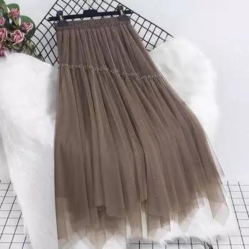 Утолщенная юбка женская 2025 осень-зима бархатная сращивание бусин А-образная юбка из нерегулярной марли, надеваемая с обеих сторон One size абрикосовый