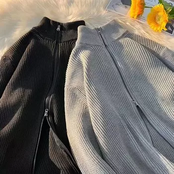 Утолщенная женская куртка, осенний теплый удобный свободный вязаный кардиган, свитер на молнии, повседневная универсальная верхняя одежда, теплая куртка M чёрный