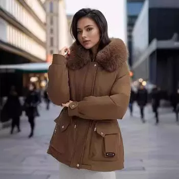 Утолщенная женская новая зимняя куртка с тонким капюшоном и большим меховым воротником, теплая модная M серый