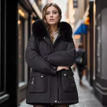 Утолщенная женская новая зимняя куртка с тонким капюшоном и большим меховым воротником, теплая модная M чёрный