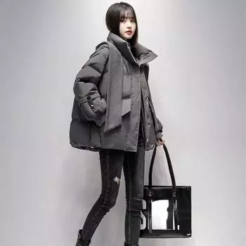 Утолщенная зимняя студенческая куртка с капюшоном на хлопковой подкладке, короткое теплое пальто с шарфом S серый