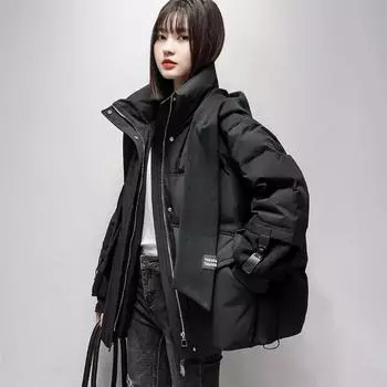 Утолщенная зимняя студенческая куртка с капюшоном на хлопковой подкладке, короткое теплое пальто с шарфом S серый