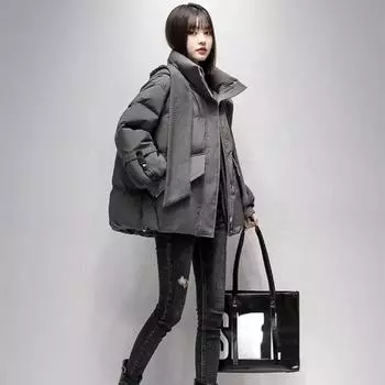 Утолщенная зимняя студенческая куртка с капюшоном на хлопковой подкладке, короткое теплое пальто с шарфом S серый