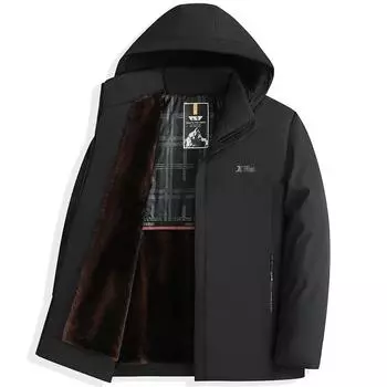 Утолщенное бархатное зимнее пальто для мужчин со съемным капюшоном, хлопковая куртка для мужчин среднего возраста L чёрный