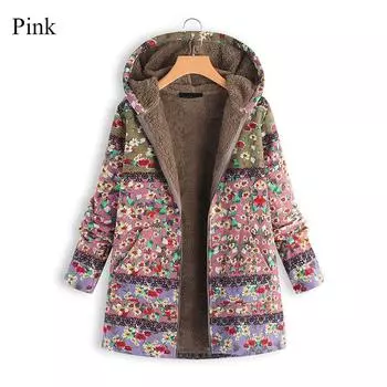 Утолщенное хлопковое пальто с подкладкой, осенне-зимнее длинное печатное пальто большого размера с подкладкой из хлопка для женщин, теплое модное пальто с капюшоном на молнии S розовый