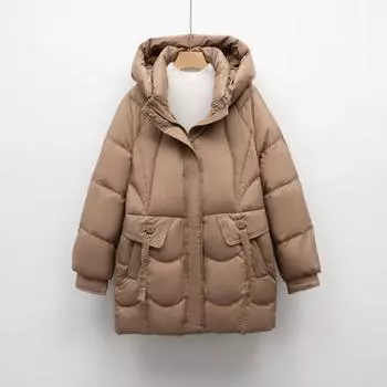 Утолщенное модное простое теплое модное зимнее пальто с капюшоном, куртка-хлеб средней и длинной длины, свободный пуховик M чёрный