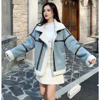 Утолщенное пальто из овечьей шерсти, свободное и универсальное, короткая куртка для женщин на осень и зиму S синий