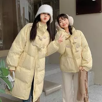 Утолщенное пальто в корейском стиле с роговыми пуговицами, хлопковая куртка свободного кроя M чёрный