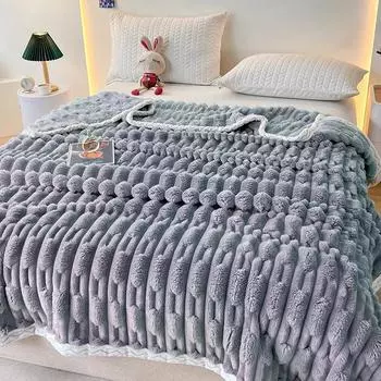 Утолщенное плюшевое одеяло с кроликом Four Seasons Bamboo Plush Blanket Office Shawl Nap Blanket Bed 100x120cm озеро синий