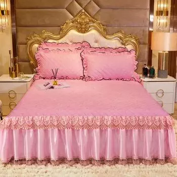 Утолщенное покрывало на кровать. Бархатная юбка-кровать. Простыни с вышивкой. Комплект постельного белья королевского/королевского размера. Роскошные льняные простыни с наволочкой. 3pcs 150x200cm