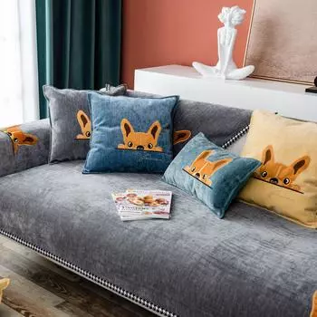 Утолщенное синельное полотенце для дивана, нескользящее 1/2/3/4-местное диванное кресло с защитой от царапин, милые собаки, чехлы на диван для гостиной, столовой 70x70cm 1pcs