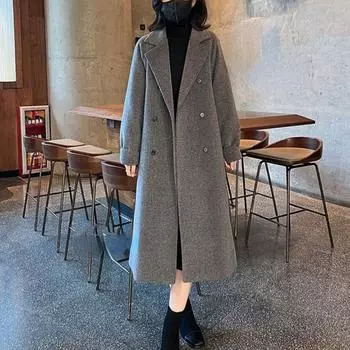 Утолщенное теплое пальто с твидовыми лацканами для женщин, зима 2023 г., новое корейское двубортное свободное однотонное повседневное длинное пальто S серый