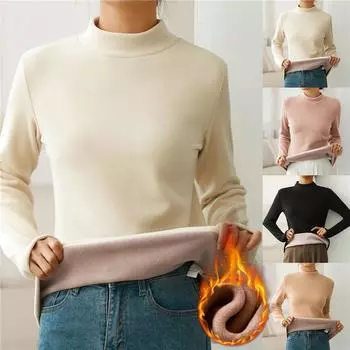 Утолщенное термобелье женское осенне-зимнее полувысокое воротничковое теплое топы однотонные длинные рукава рубашка флисовый пуловер M чёрный