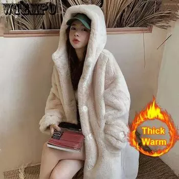 Утолщенное зимнее пальто из искусственного меха с капюшоном из норки, женское модное пальто средней длины и большого размера, корейская версия S белый
