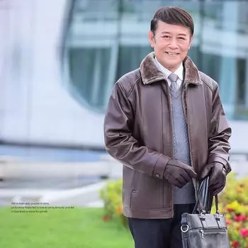 Утолщенные бархатные кожаные куртки среднего и пожилого возраста для полных мужчин. Зимние куртки для мужчин больших размеров. Свободные теплые кожаные куртки больших размеров. XXL темно-коричневого