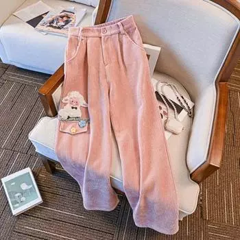 Утолщенные брюки из овечьего вельвета, теплые брюки из цветочного бархата, повседневные вельветовые брюки для женщин и леди XL розовый