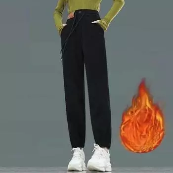 Утолщенные брюки, женские повседневные брюки с высокой талией, женские брюки большого размера, прямые брюки, шаровары, бархатные прямые брюки для мамы S чёрный