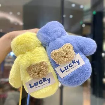Утолщенные детские плюшевые теплые перчатки с лямкой через шею для девочек зимой, симпатичные антифризовые плюс бархатная сумка для пальцев для мальчиков 1-6 years old