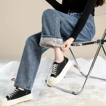 Утолщенные джинсовые брюки с добавлением бархата, новые прямые брюки для девочек осенью и зимой, свободные и широкие брюки XS синий