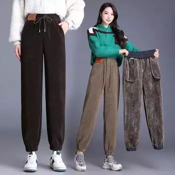 Утолщенные флисовые брюки детские 2024 осень и зима новые универсальные интернет-знаменитости завязанные ноги повседневные женские брюки Харлан M