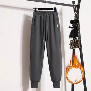 Утолщенные флисовые спортивные штаны женские осенне-зимние новые теплые свободные универсальные штаны S хаки