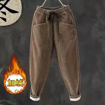 Утолщенные флисовые вельветовые брюки зимние эластичный пояс брюки Харлан свободные термобелье брюки редиска M