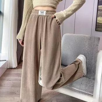 Утолщенные и пушистые женские брюки с высокой талией и облегающим кроем в повседневном стиле для осени и зимы S хаки
