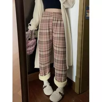 Утолщенные клетчатые брюки из овечьей шерсти, повседневные брюки, женские осенне-зимние новые свободные прямые брюки широкого кроя, хлопковые брюки, пижамные брюки M size [80-60kg]