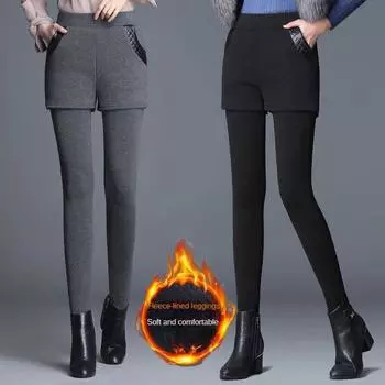 Утолщенные ложные брюки из двух частей с подкладкой. Верхняя одежда. Эластичные теплые брюки большого размера. Юбка. Облегающие маленькие брюки с высокой талией. M чёрный