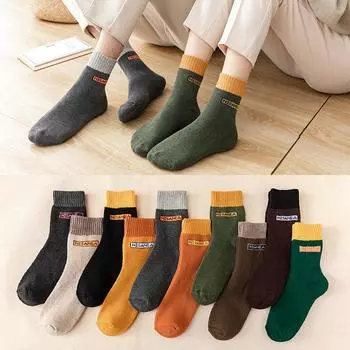 «Утолщенные мужские и женские зимние махровые носки средней длины с теплым бархатом и однотонным буквенным дизайном» One Size